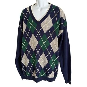 VTG Field Gear Men Sweater Blue Green XLT‎ TALL Argyle V-Neck Grandpa Knit